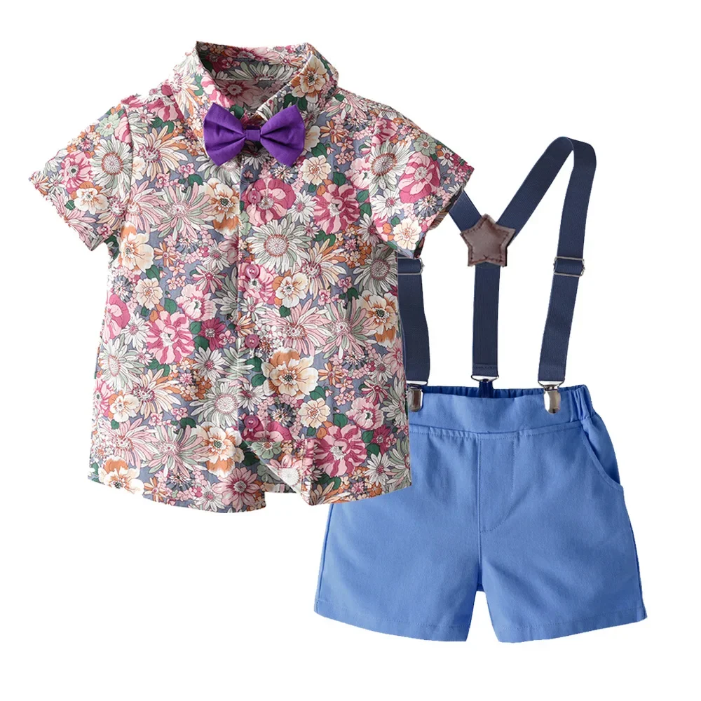 Traje infantil de verano con camisa floral y pajarita para niños - imagen 3