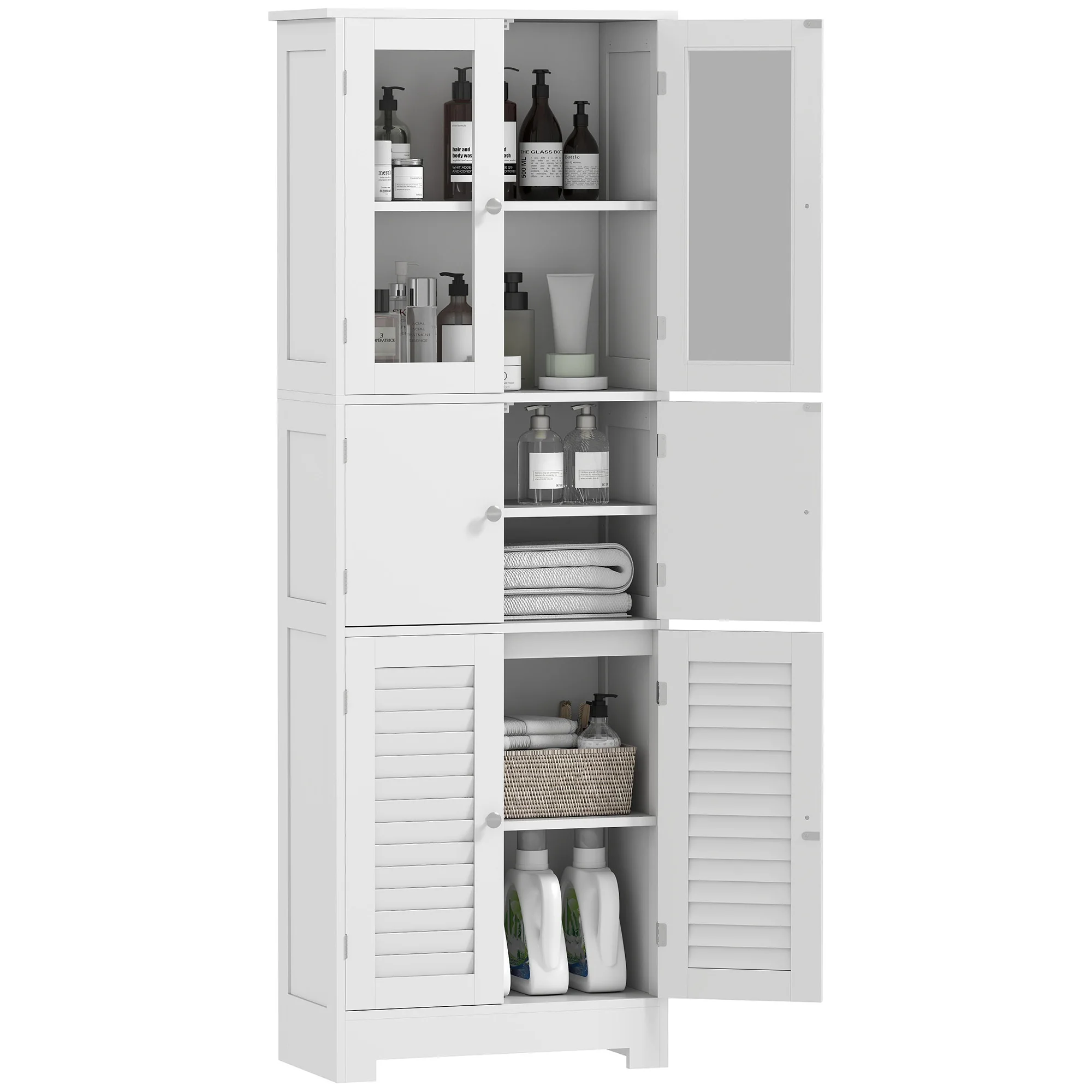 HOMCOM Columna de Baño Mueble Auxiliar de Baño con 6 Puertas Estantes Ajustables Antivuelco Armario de Baño Moderno 60x30x170,5 cm Blanco