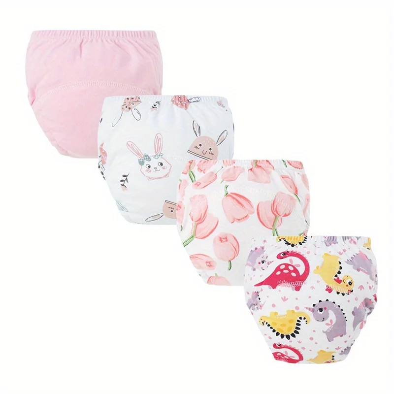 4 unids/lote de pantalones de entrenamiento para bebés, conjunto de pantalones de pañales con estampado de dibujos animados para niños y niñas, ropa interior para niños, algodón transpirable reutilizable - imagen 2