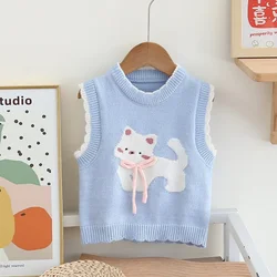 Chaleco de punto fino para niñas con bordado de gato