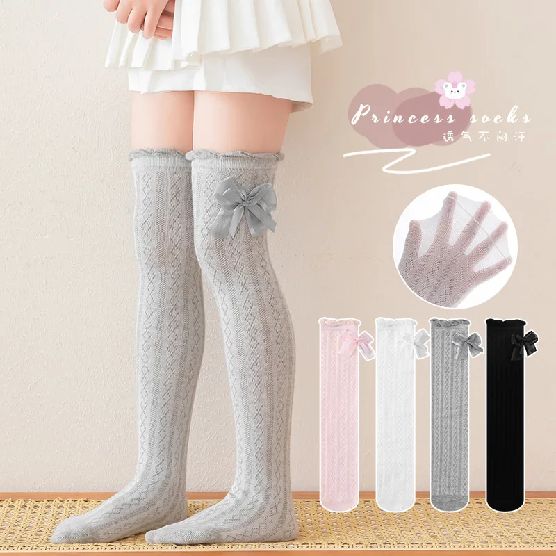 1 par de calcetines hasta la rodilla de algodón suave de verano para niños y niñas, mallas con volantes y lazo a la moda, calcetín escolar fino y transpirable - imagen 2