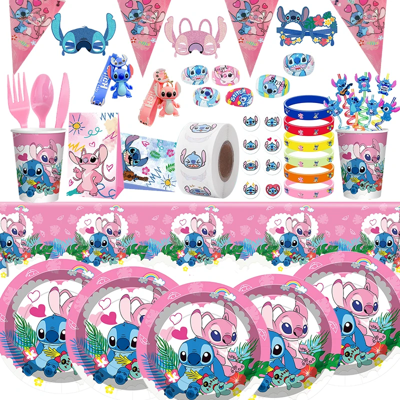 Decoraciones de fiesta de cumpleaños de Lilo y Stitch, juego de platos, tazas, pajitas, mantel, vajilla, globos, suministros