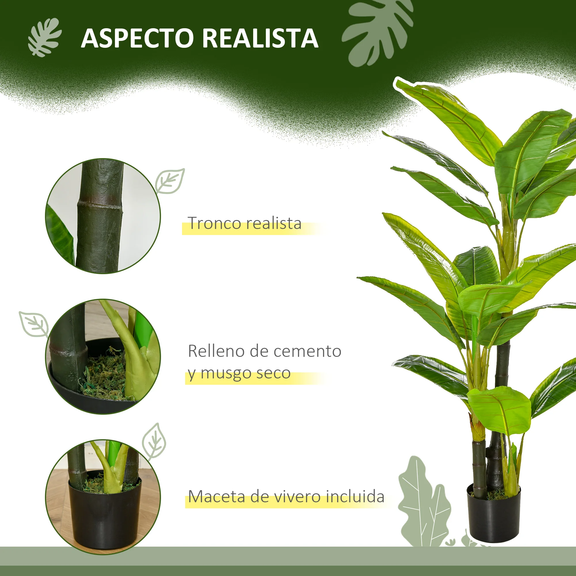 HOMCOM Bananera Artificial 150 cm Platanera Artificial con Maceta y 18 Hojas Planta Artificial para Decoración de Hogar Terraza Jardín Salón Oficina Verde - imagen 4