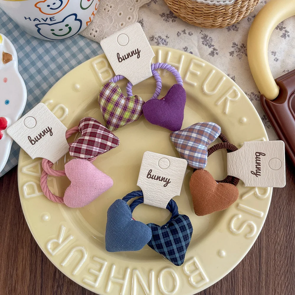 Banda elástica para el cabello de amor a cuadros coreanos, tela de algodón, accesorios para el cabello dulces para niños, banda de goma, tocado de cuerda para el cabello - imagen 2