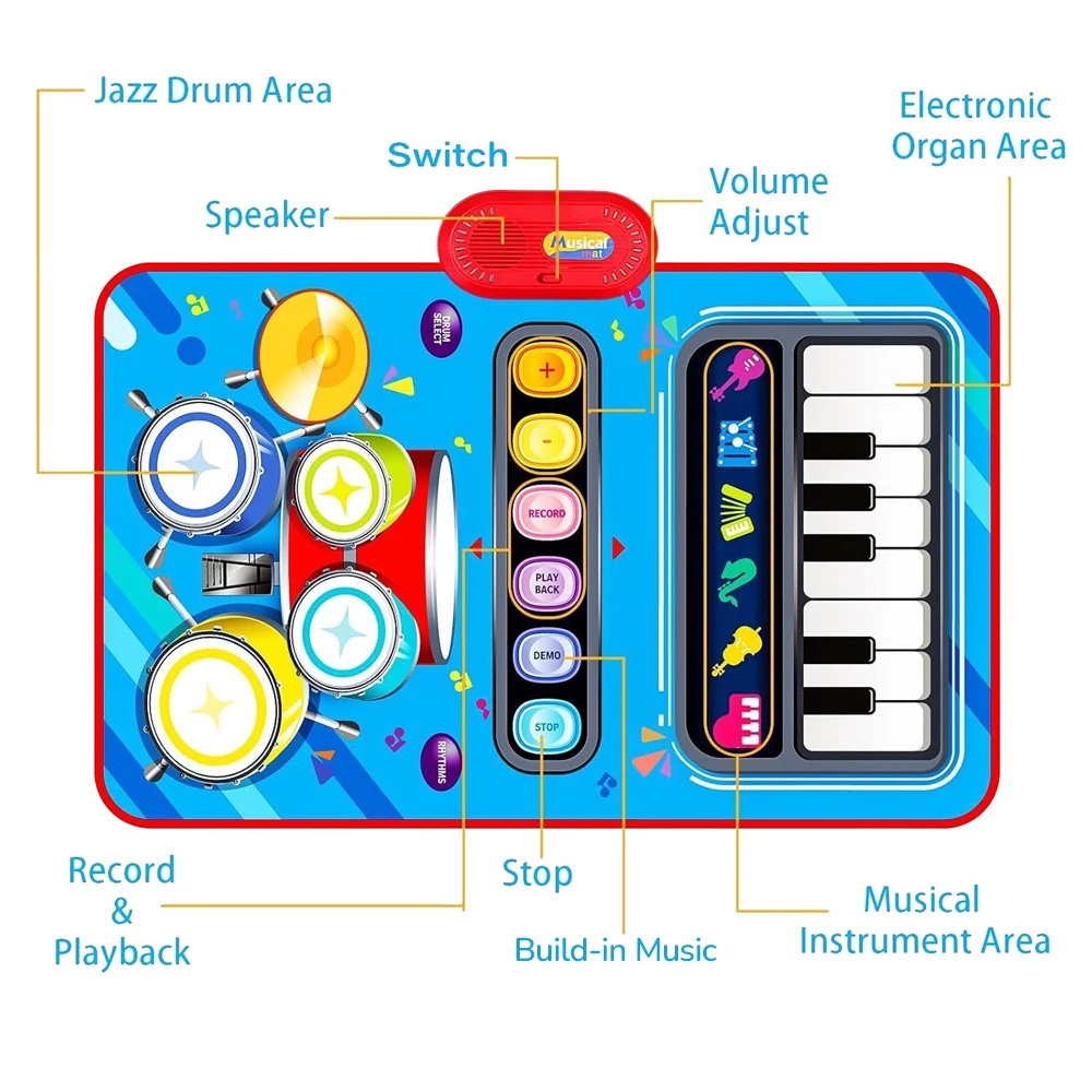 Estera de Piano Musical para niños pequeños, 80x50cm, juguetes educativos para niños, teclado de suelo, tambor, juguetes, estera de baile con instrumentos, juguete de sonidos - imagen 4