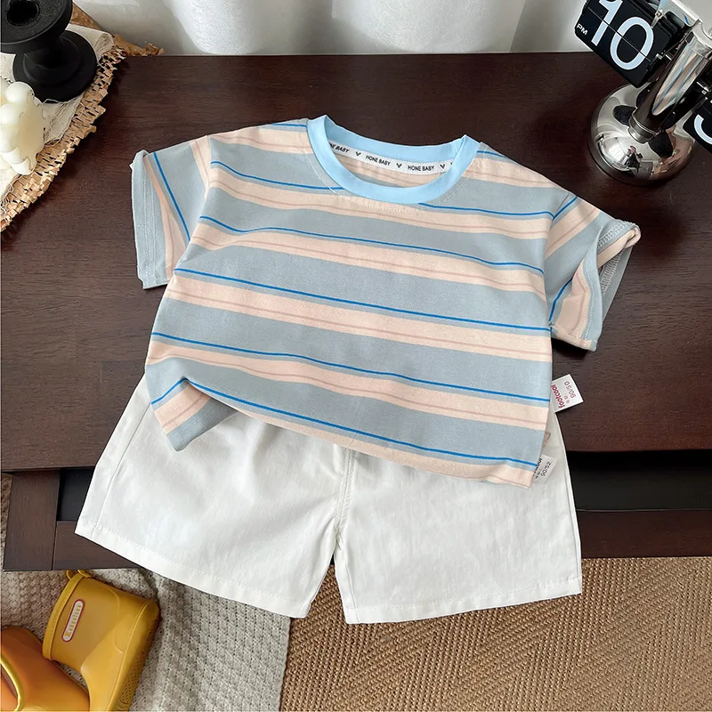 Conjuntos de 2 piezas de verano para niño pequeño, moda coreana, Tops informales de algodón a rayas de manga corta + Pantalones cortos, ropa para niño, conjuntos para niño B009 - imagen 3