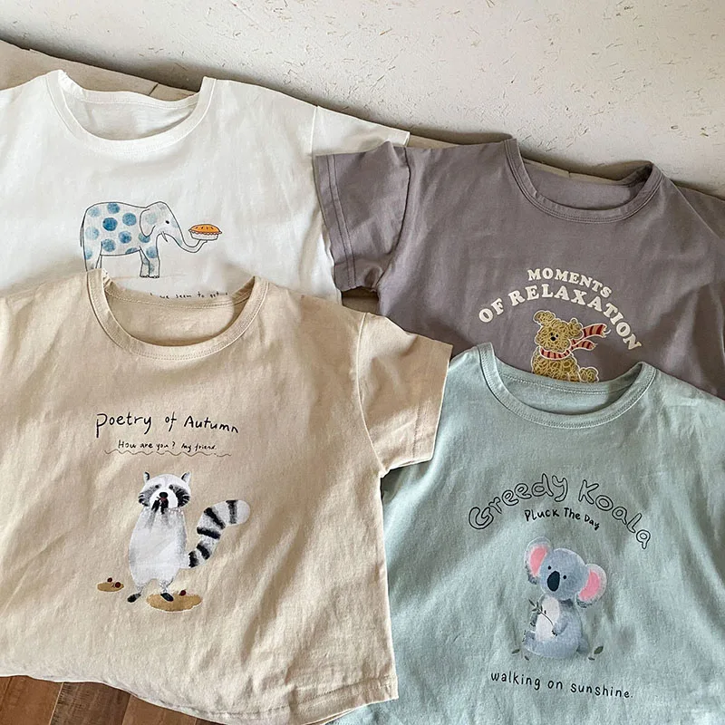 2025 nueva camiseta de verano para niños, 4 colores, camisa de manga corta con letras de animales de dibujos animados para niñas, camisetas holgadas de estilo fino para niños - imagen 2