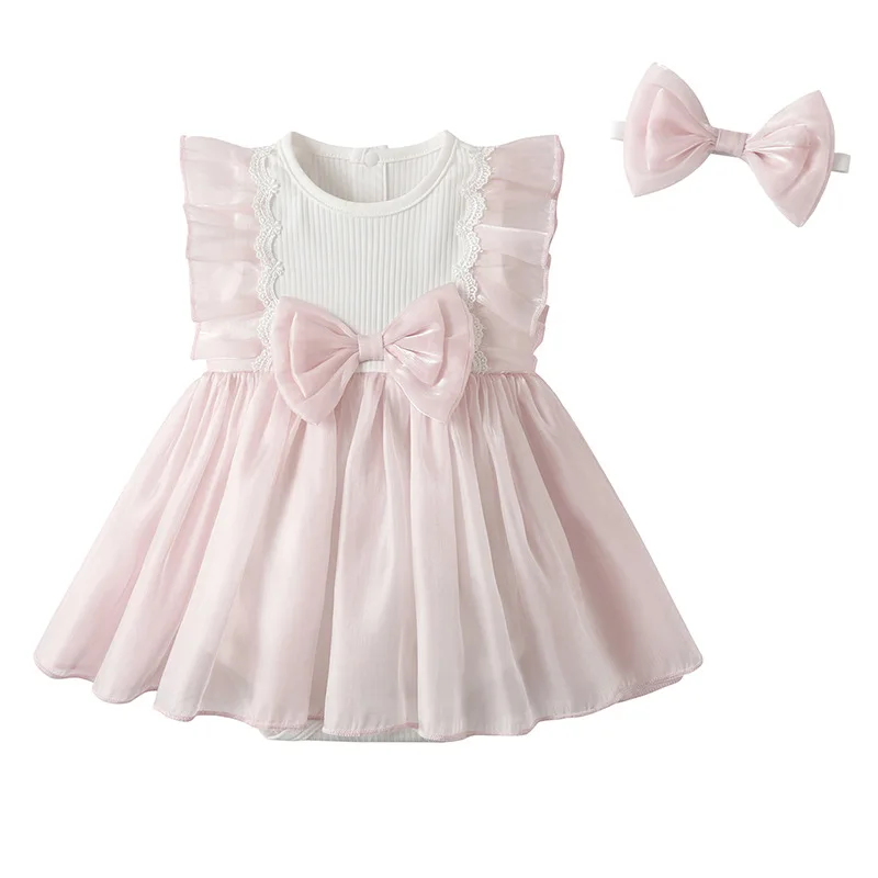 Conjuntos de monos de verano para niña de 0 a 6 meses, monos sin mangas de princesa de malla con bonito lazo rosa coreano, artículos para recién nacidos B192