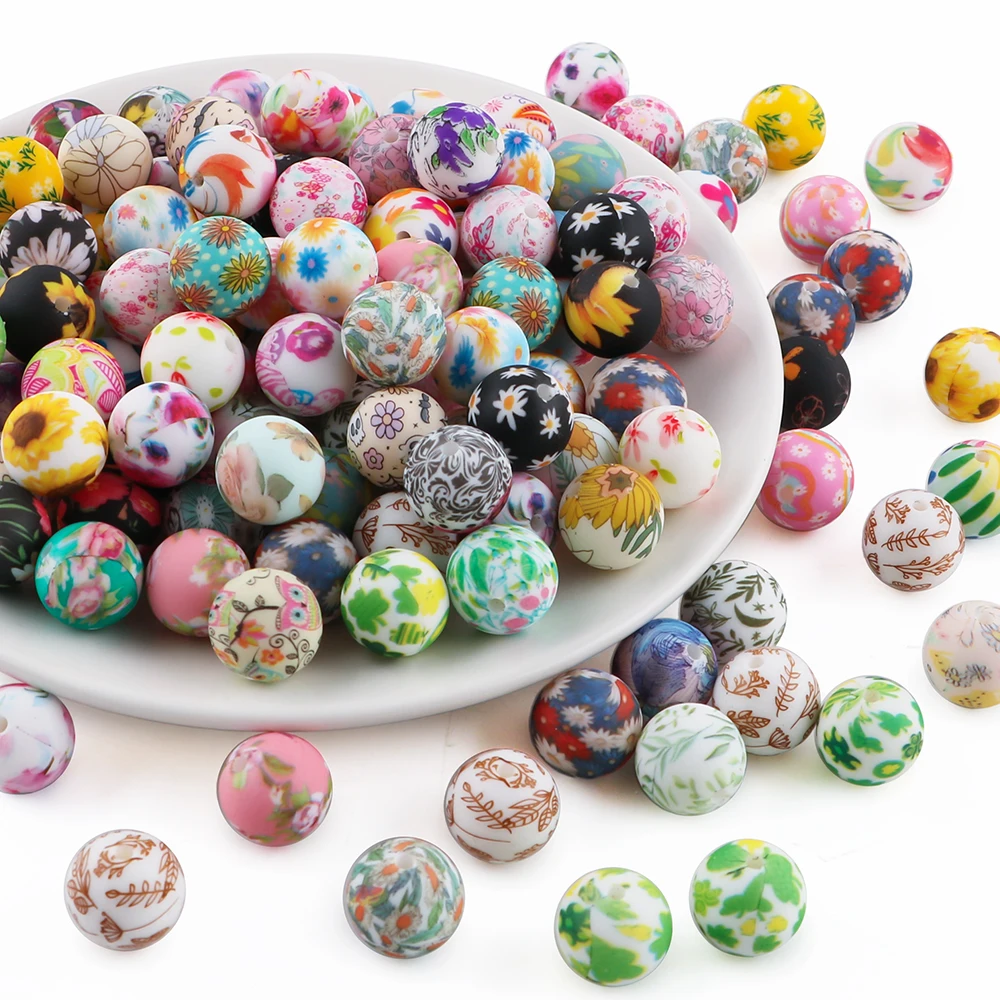 15 Uds. De cuentas redondas de silicona con estampado de flores de 15mm para fabricación de joyería, collar, pulsera, pendientes, Etc., accesorios - imagen 4