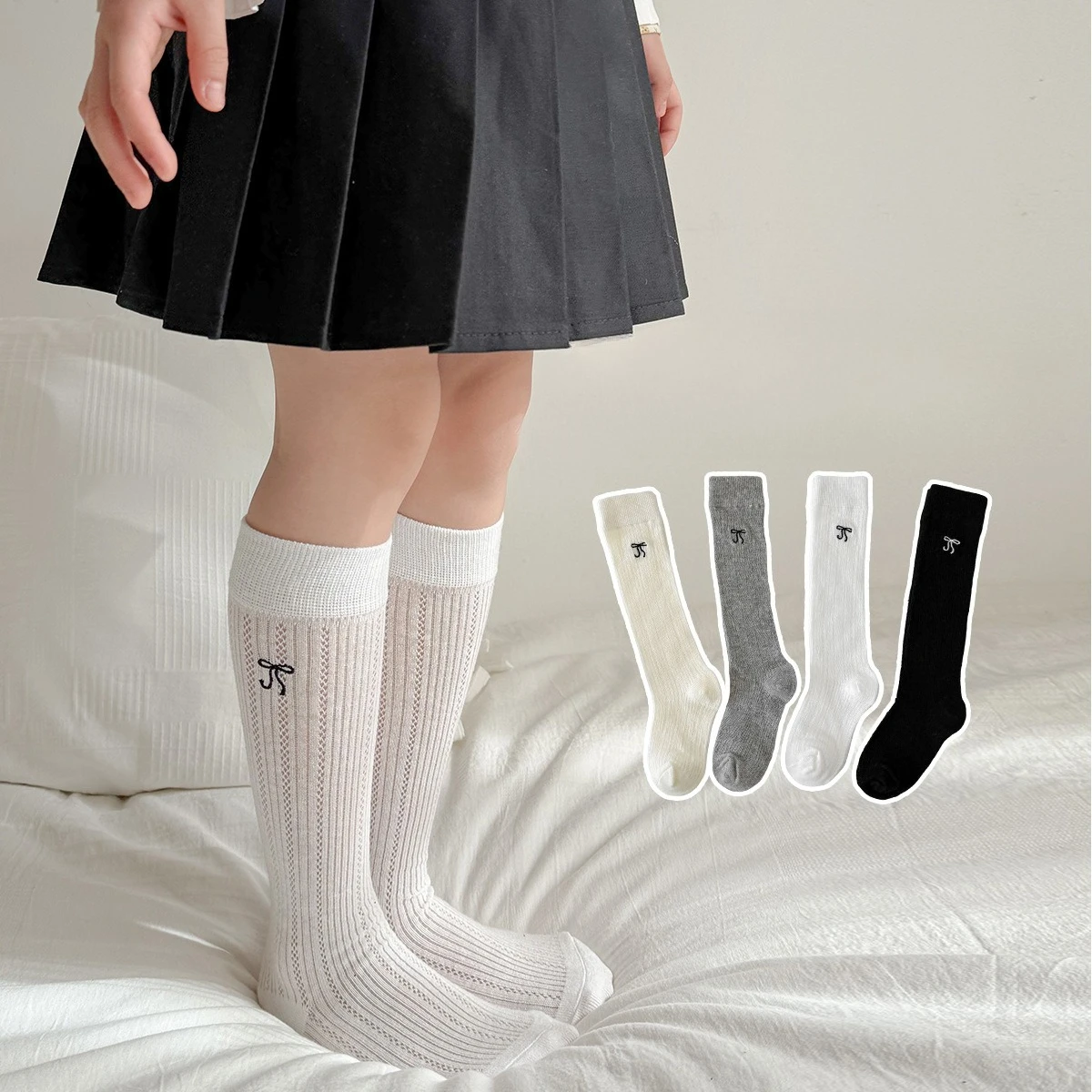 Calcetines largos de malla transpirable para niñas, medias largas hasta la rodilla estilo Ballet dulce y bonito, medias de Color sólido con lazo bordado para niños - imagen 2