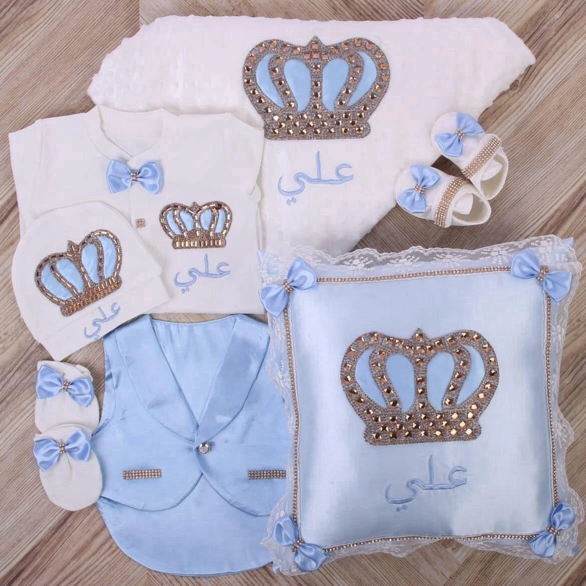 Peleles con nombre de bebé bordado personalizado, ropa, joyería de corona, manta envolvente de lujo, decoración, conjunto de regalo de Navidad para 1er bautismo - imagen 4