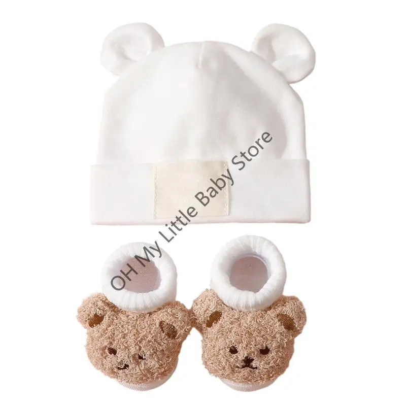 M76C Patrón oreja transpirable Baby Hat and Calcets Elástico Mezcla poliéster algodón Mezcla suave en piel sensible - imagen 5