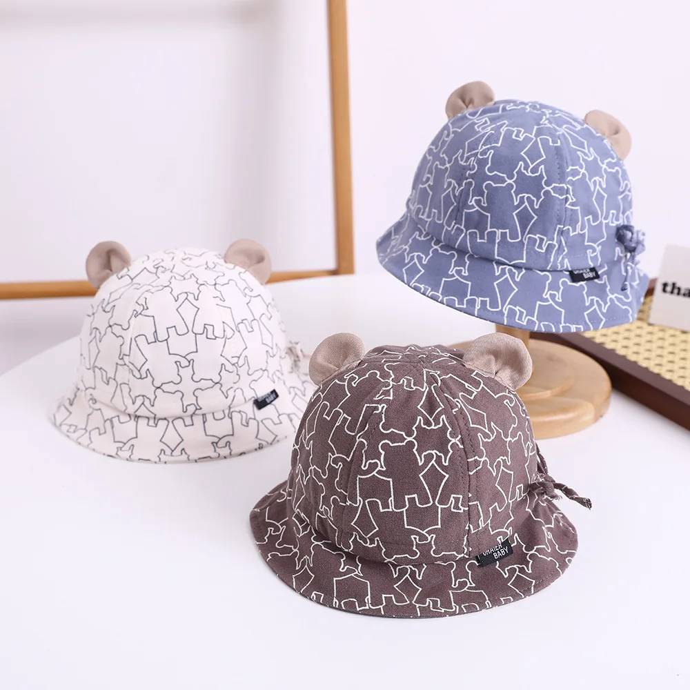 Sombrero con forma de cubo para bebé de 3 a 12M, nueva primavera, sombrero con sombrilla para niños y niñas, bonito estampado de oso de dibujos animados, sombrero de verano para niños al aire libre, gorra de pesca - imagen 3