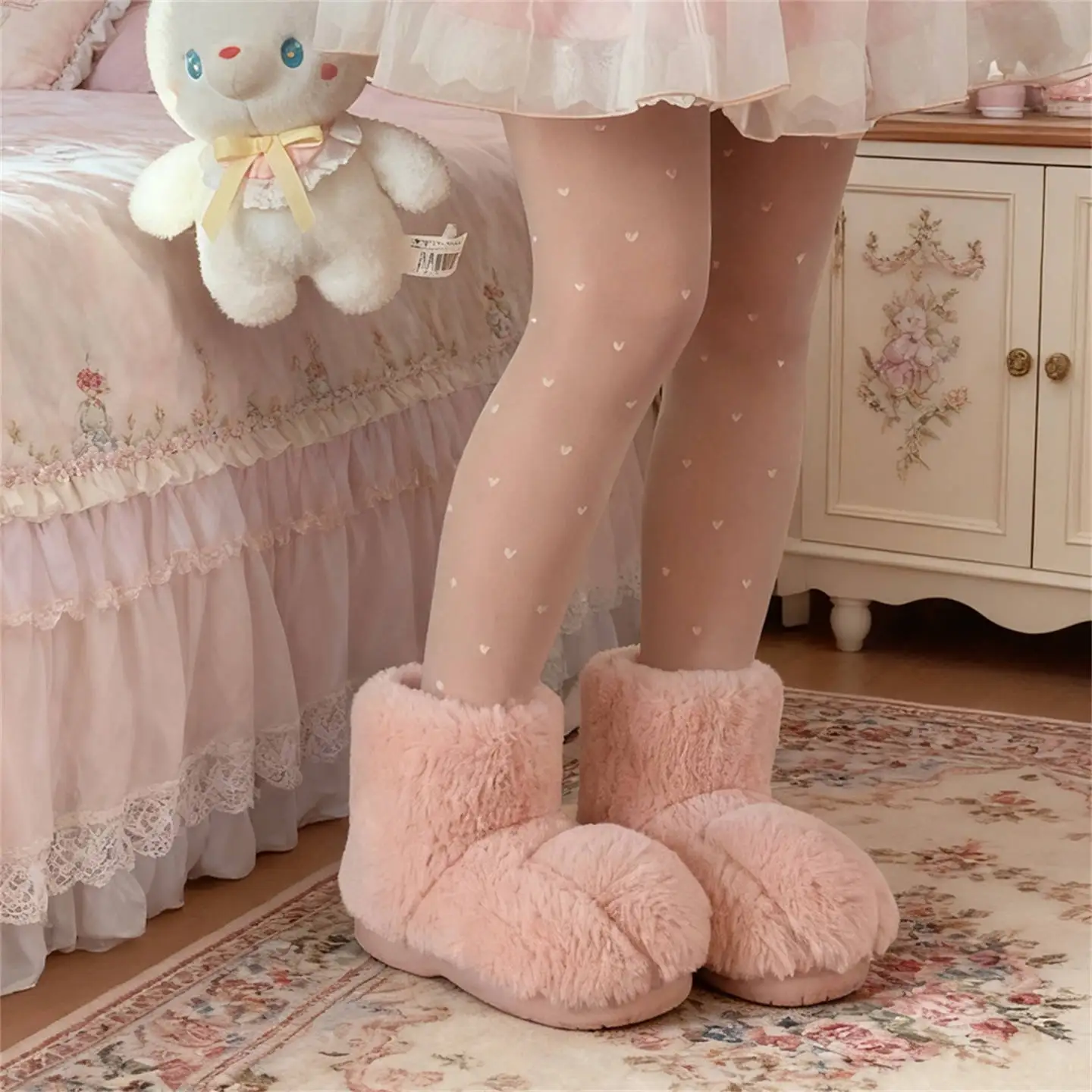 Zapatos de casa esponjosos con pata de gato de dibujos animados para mujer, zapatillas de algodón para interiores, botas de nieve antideslizantes de piel sintética cálidas para el hogar y la calle - imagen 2