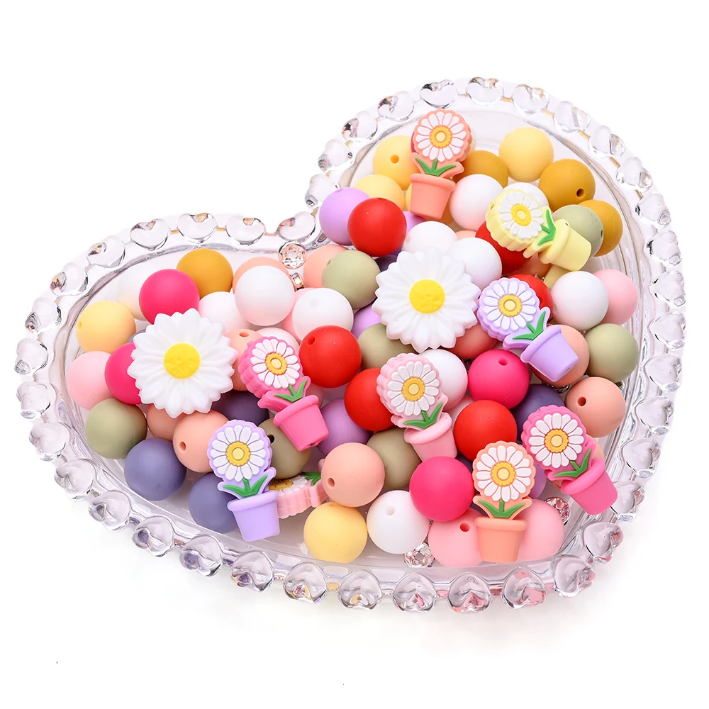 7 Uds. De cadena de chupete, mezcla de cuentas redondas de silicona, juego de cuentas de enfoque de flores para hacer joyería, collar Diy, chupete, juguete mordedor
