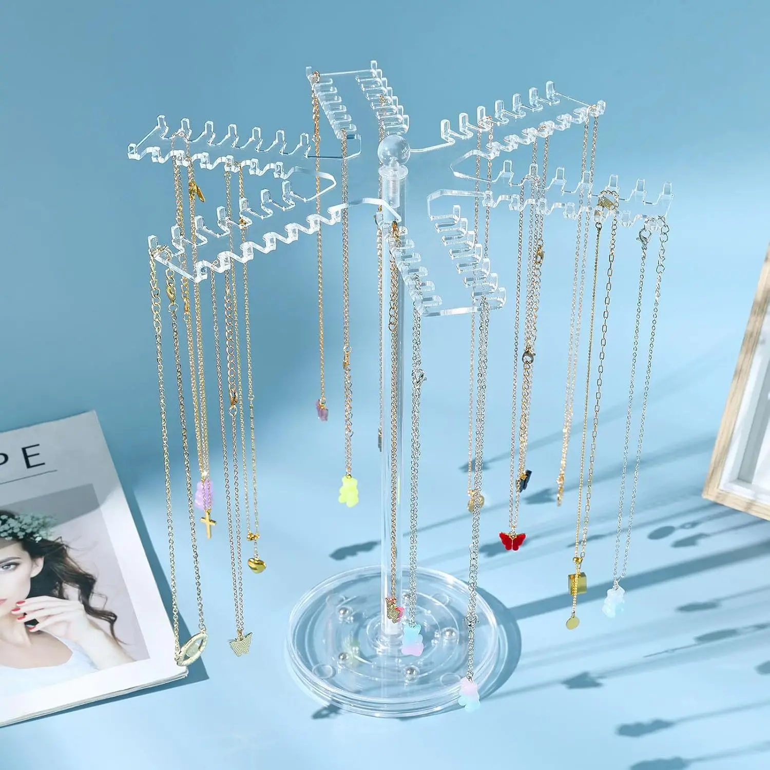 Necklace storage rack transparent acrylic rotating jewelry display rack jewelry storage container hanger with 84 hooks decor