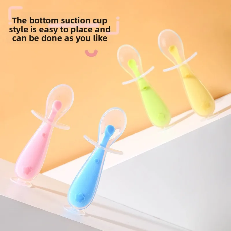 Cuchara de silicona para bebé, alimentación de pasta de arroz para bebé, cuchara de sopa de cabeza suave, cuchara de entrenamiento, cuchara corta de silicona con escudo para niños - imagen 4