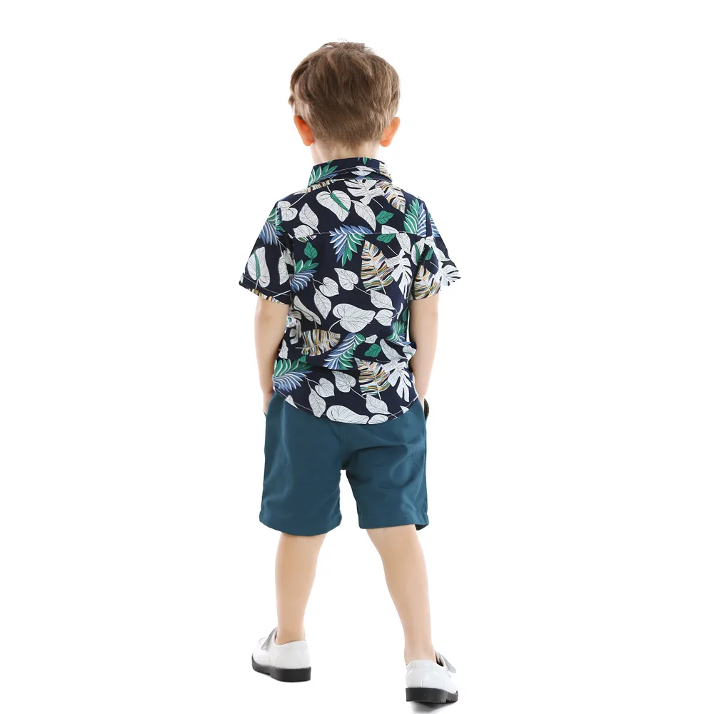Conjunto de camisa y pantalones cortos de manga corta con estampado de hojas y solapa para niño, ropa de verano, novedad - imagen 4