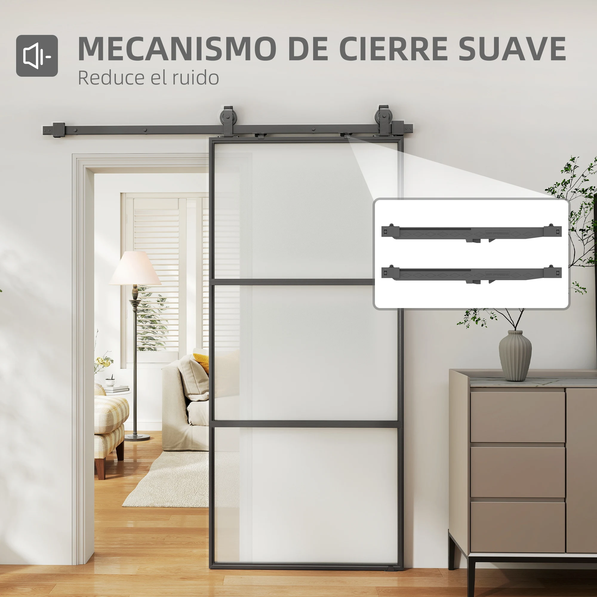 HOMCOM Puerta Corredera con Herrajes Puerta Corredera de Cristal con Mecanismo Cierre Suave para Baño Salón Sala de Estar Cocina 91,4x203,2 cm - imagen 2