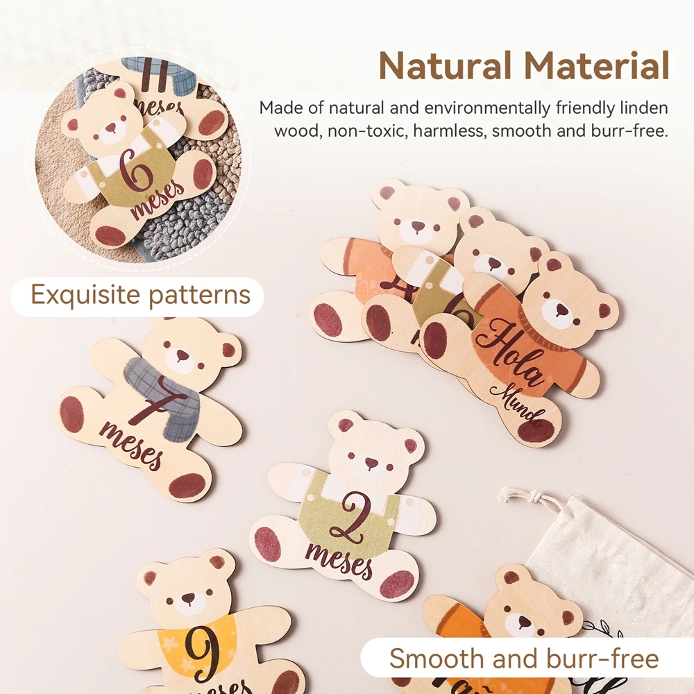 Accesorios de fotografía recién nacido, tarjetas de hito de bebé español, grabación mensual, tarjeta conmemorativa, rastreador de crecimiento de doble cara, 7 Uds. - imagen 3