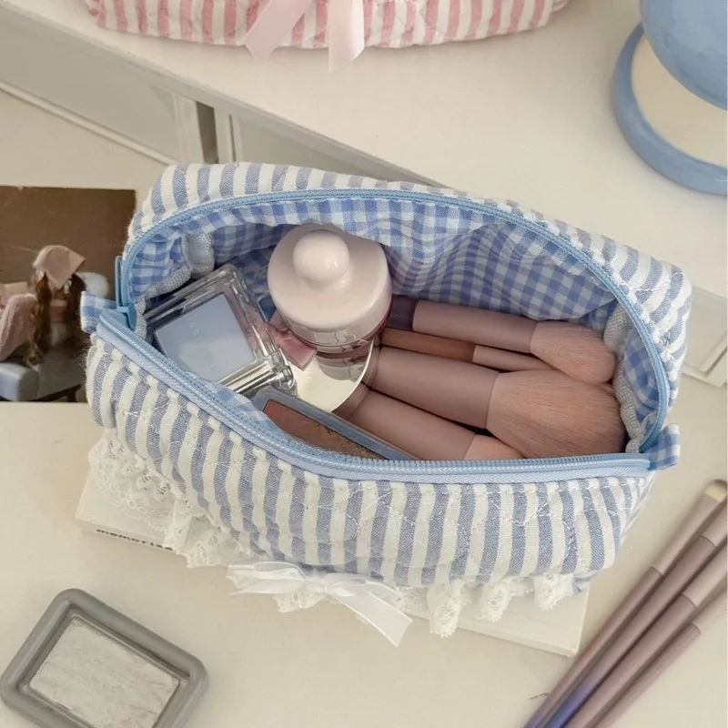 Organizador de papelería de encaje dulce a cuadros, estuche para lápices acolchado de gran capacidad, color rosa y azul, estuche para lápices para la vuelta a la escuela - imagen 5