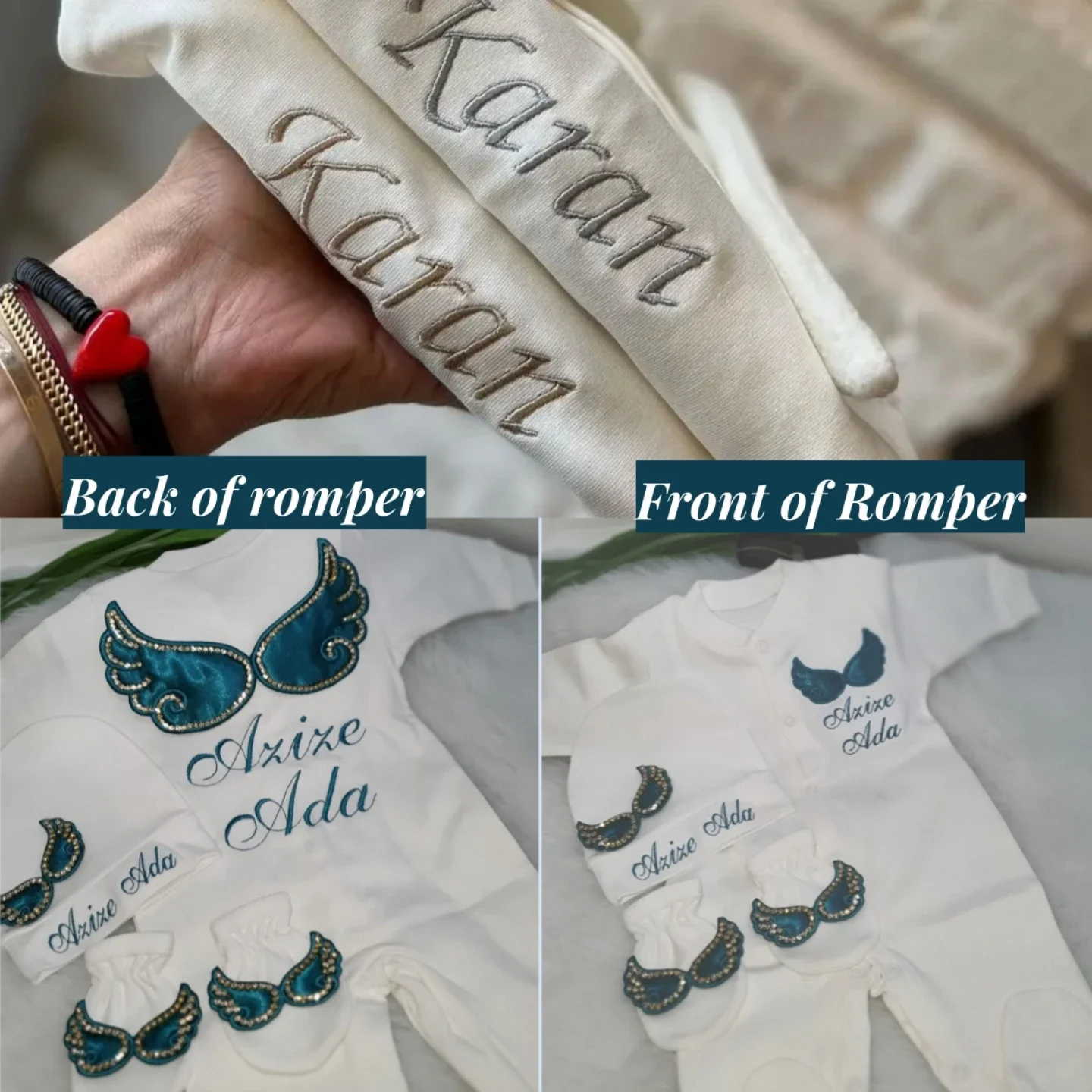 Dollbling, 4 Uds., trajes con alas, cualquier nombre, conjunto de regalo personalizado con bordado de madera dulce, pijamas para bebé, sombrero, vestido Ceremonial de bienvenida a casa - imagen 4