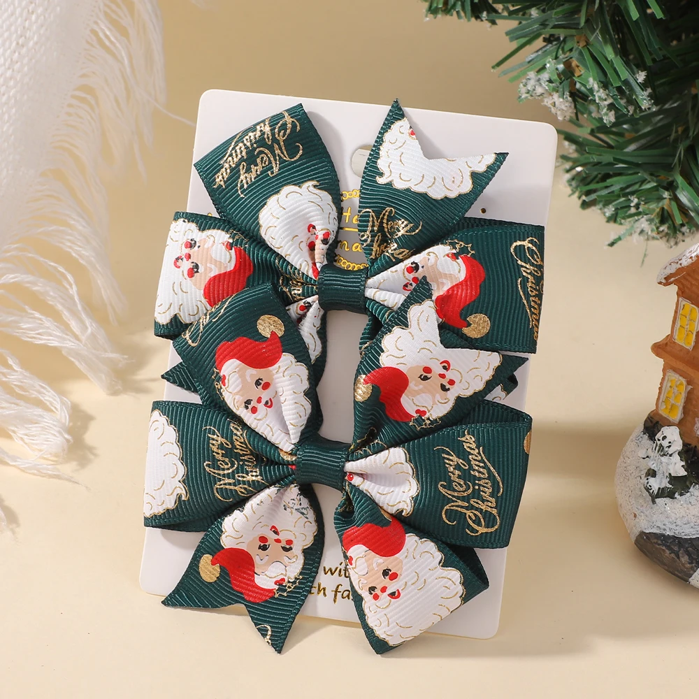 2 unids/set de lazos navideños para el cabello para niñas con Clips, horquillas festivas con cinta de Papá Noel de 3,22 pulgadas, molinete, accesorios para el cabello para vacaciones para niños
