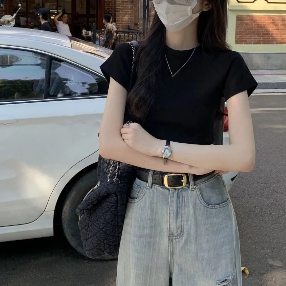 Camiseta Simple de manga corta de Color sólido, Top corto elegante Y2K, camisetas ajustadas de estilo coreano, ropa de calle para mujer - imagen 3