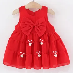 Ropa infantil de verano para niña, vestidos de gasa sin mangas con bonito lazo grande de dibujos animados coreanos, ropa para bebé, vestido de primer cumpleaños B077