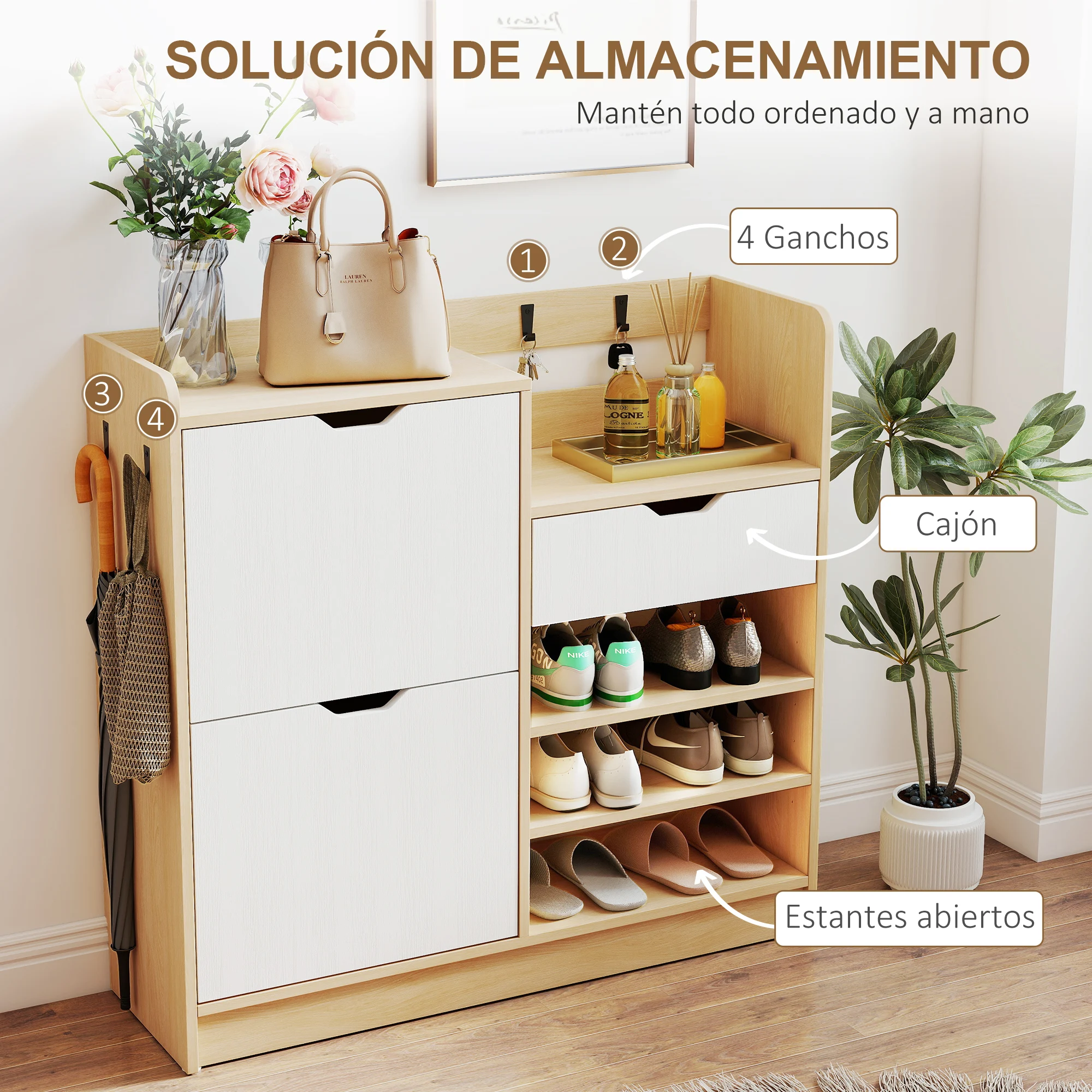 HOMCOM Zapatero Estrecho con 2 Puertas, Zapatero Entrada Recibidor con Estantes Ajustables, Cajón, Estantes Abiertos, 4 Ganchos, para 14 Pares de Zapatos, 93x30x90 cm, Natural y Blanco - imagen 5