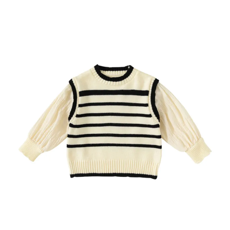 Suéter a rayas de dos piezas de imitación de otoño para niña con mangas abullonadas dulces, Top de punto elegante, informal y versátil, suave y acogedor - imagen 5