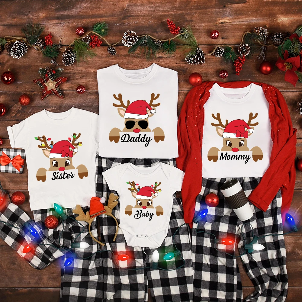 Traje navideño a juego con estampado de ciervos para mamá, papá, niños, camisas a juego para bebés, Top, pelele, traje familiar de Navidad, camiseta de vacaciones