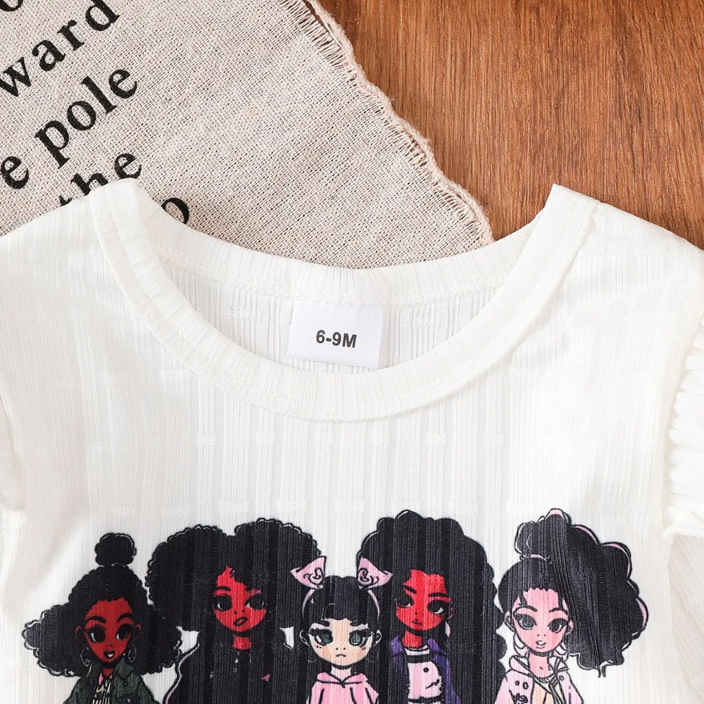 6 To 3 Years Old Girl's White Long Sleeved Top+Blue Cloud Jeans Outfits Cartoon Girl Print Baby Clothes Set Autumn Clothing - imagen 2