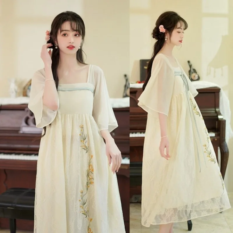 1681 Vestido largo de maternidad de gasa bordada de verano, ropa holgada y recta de estilo Han para mujeres embarazadas, embarazo Vintage