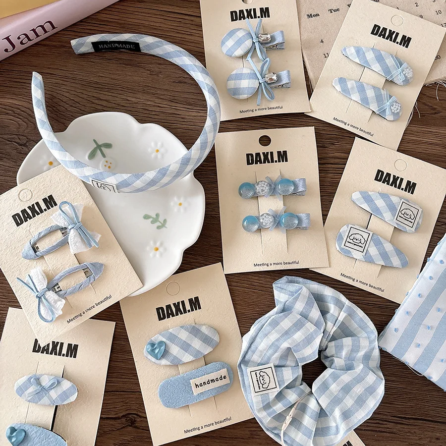Pinza para el pelo a cuadros azul de tela para niñas, flequillo con agradable arco, horquilla con Clip LATERAL, flequillo versátil a la moda para niñas, diademas con Clip BB - imagen 3