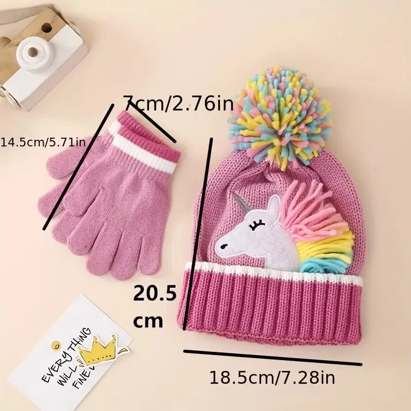 Gorro de unicornio bonito para niñas, conjunto de gorro y guantes de invierno, gorro de punto, conjunto de manoplas con tapa abatible para niños pequeños y niñas - imagen 3