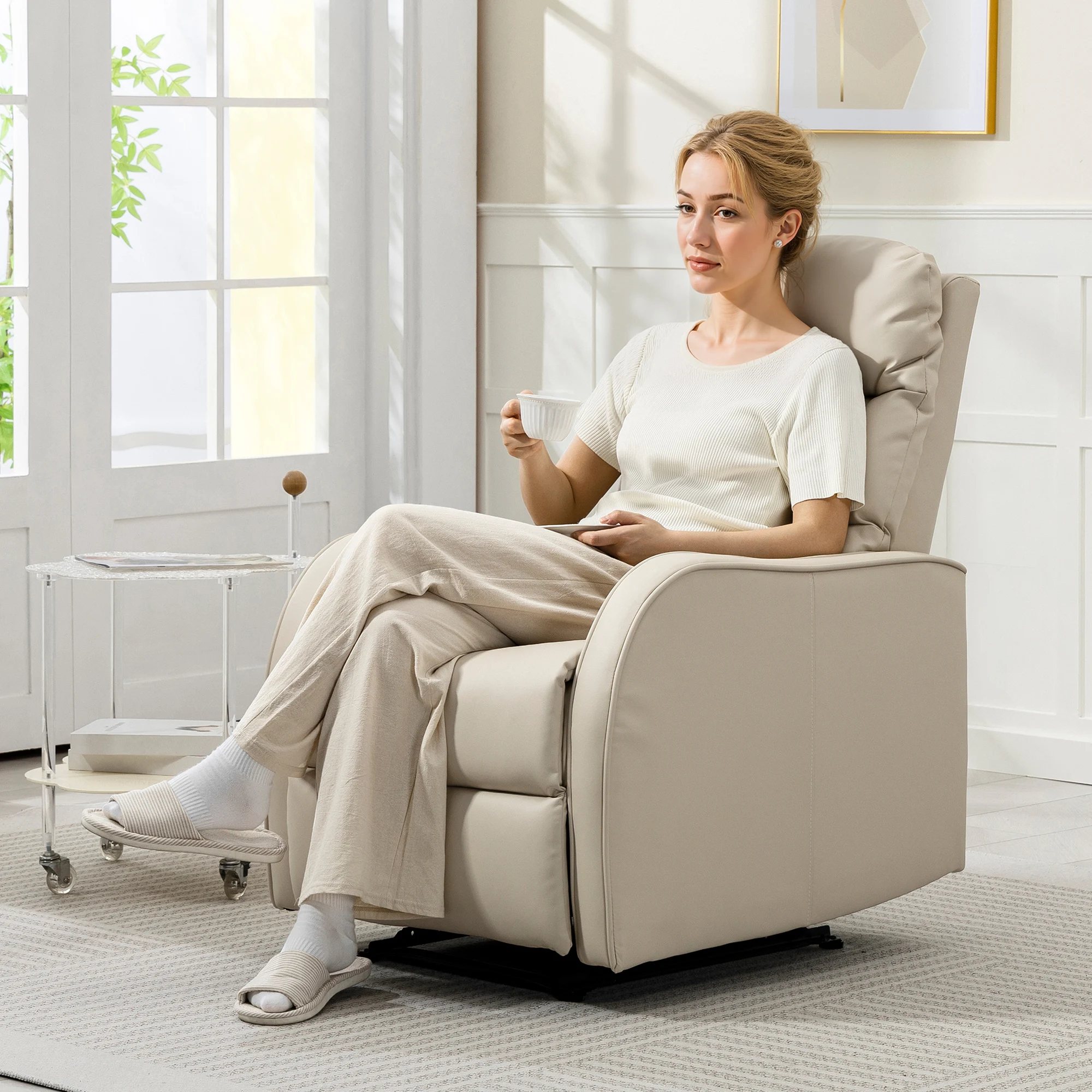 HOMCOM Sillón Relax Reclinable Manual, Sillón Relax Tapizado en PU con Reposapiés Retráctil, Acolchado Grueso, Butaca Reclinable hasta 160º, para Salón, Dormitorio, Crema - imagen 2