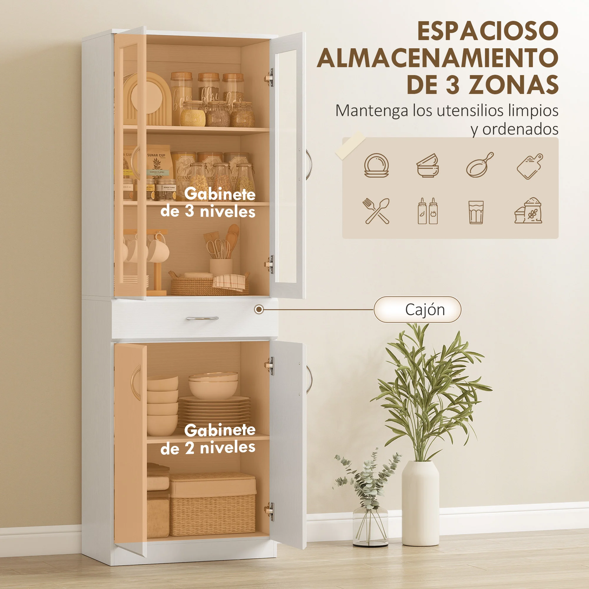 HOMCOM Alacena de Cocina, Mueble Auxiliar de Cocina con Puertas de Vidrio, Cajón, Estantes Ajustables, para Comedor, Salón, Blanco, 60x35x180 cm - imagen 4