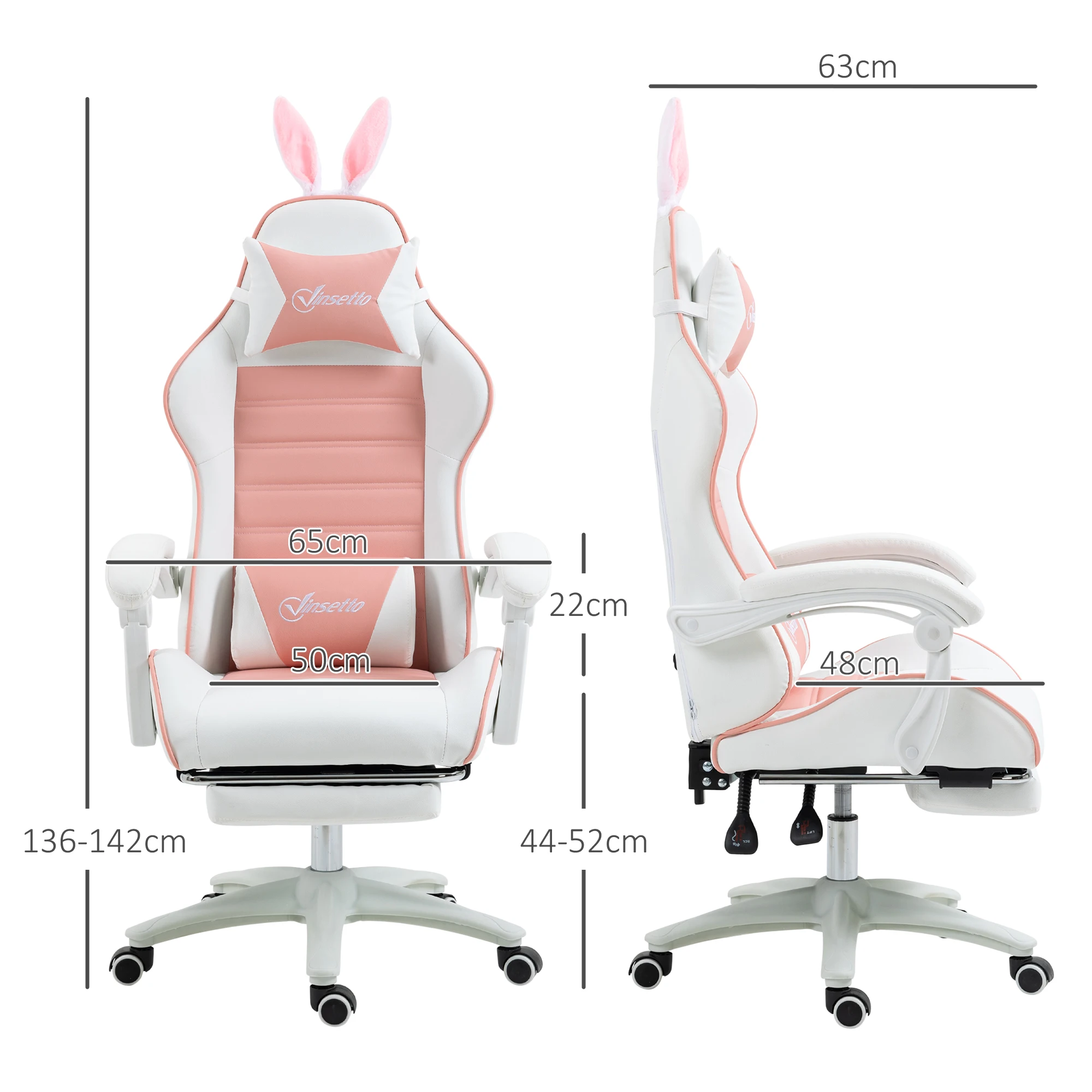 Vinsetto Silla Gaming Profesional Silla Gamer Racing Giratoria de Cuero PU con Altura Ajustable Inclinable 135° Reposacabezas y Reposapiés para Oficina Estudio 65x63x136-142 cm Rosa y Blanco - imagen 2