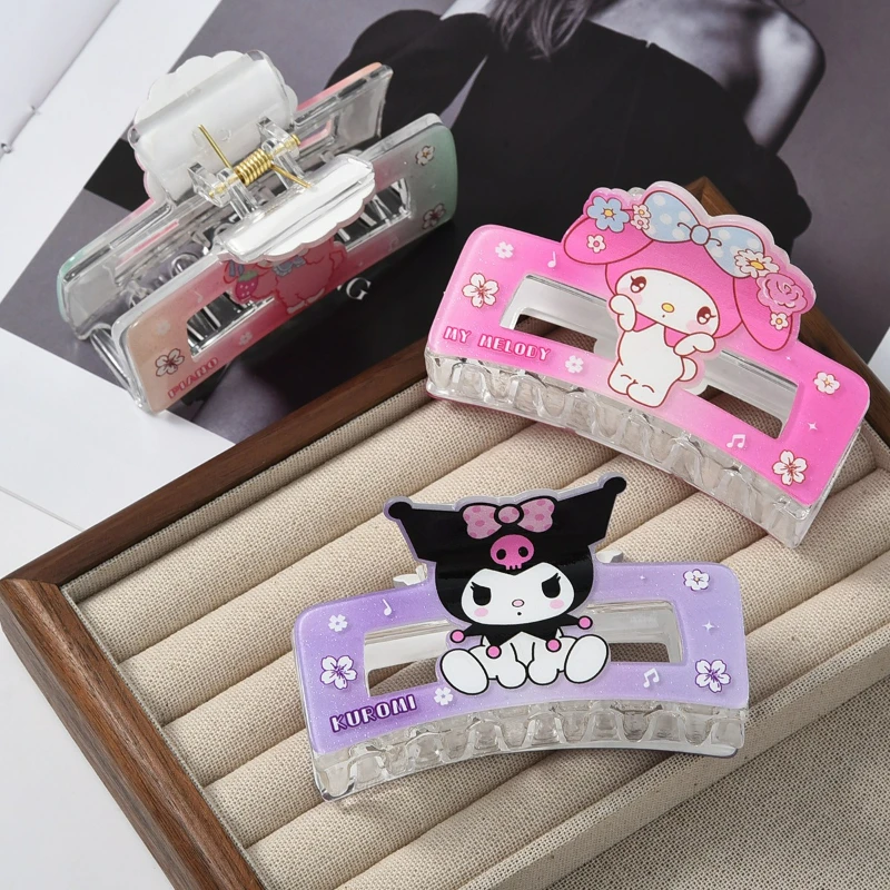 Pinza de pelo acrílica de dibujos animados Sanrio para niñas, lindo accesorio para el cabello, serie Cinnamoroll y Kuromi, resistente y suave para uso diario