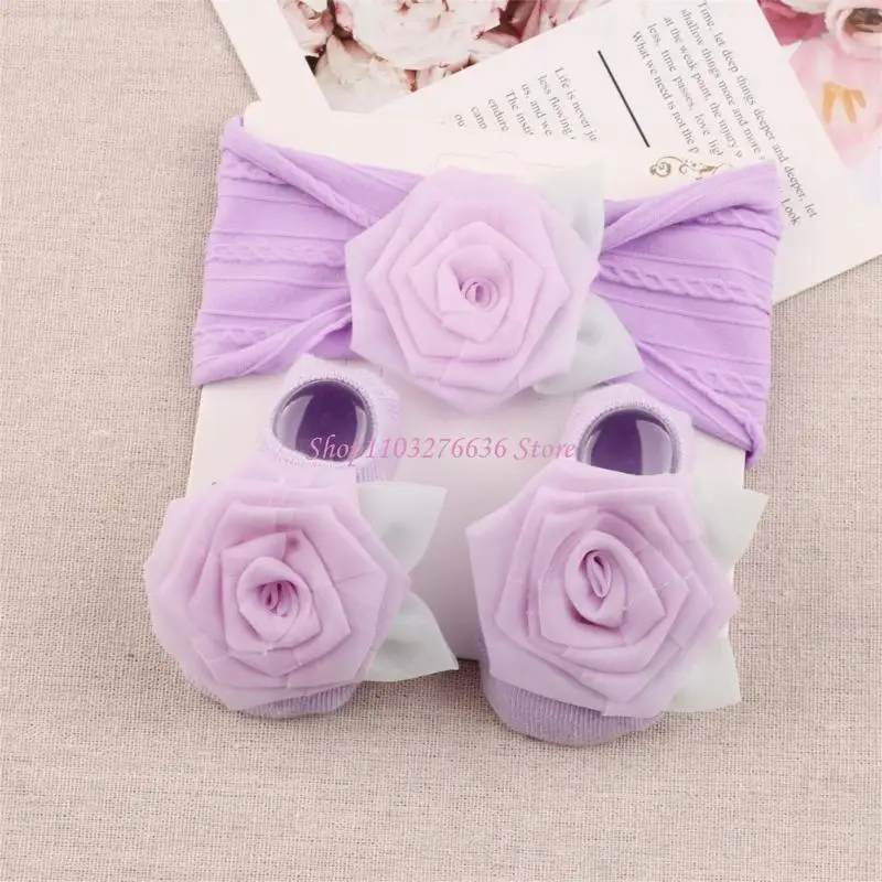 R6FD Calcetines y diadema para recién nacidos, par calcetines y gorros elásticos y cómodos para bebés, calcetines y cintas - imagen 5