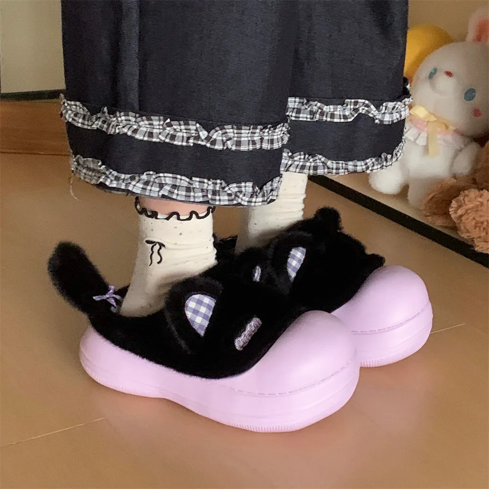 Zapatillas mullidas impermeables con bonito gato de dibujos animados para niñas, zapatos cálidos para el hogar y la calle, zapatillas de algodón antideslizantes suaves de EVA para el hogar para mujer - imagen 2