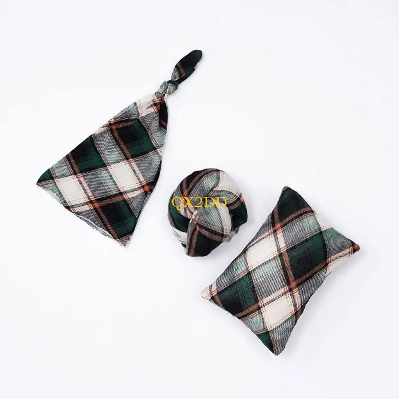 QX2D Accesorios fotografía para bebés recién nacidos, disfraz para niño y niña, sombrero y almohada a cuadros - imagen 5