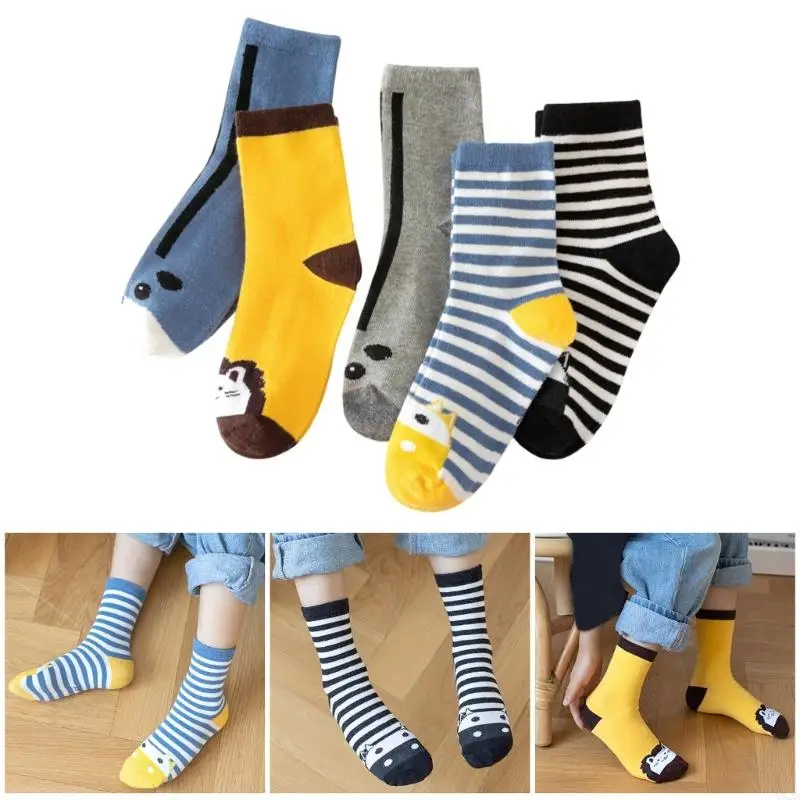 QX2D 5 pares calcetines para niños calcetines algodón calcetines dibujos animados para niños 1-12 años