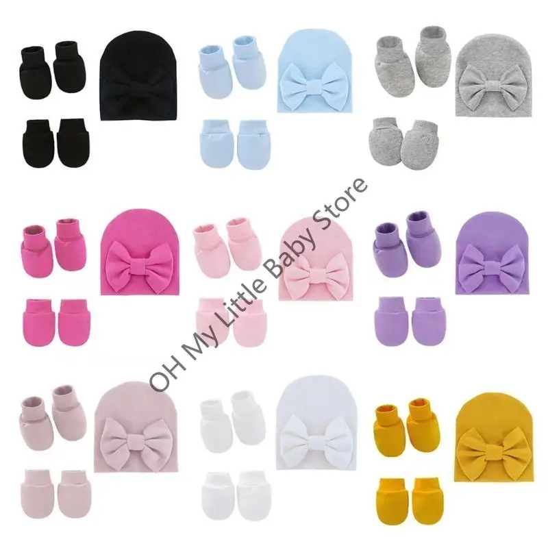 M76C Gorro con lazo para bebé, guantes sin arañazos, conjunto cubierta para los pies, manoplas algodón suave, gorro, - imagen 5