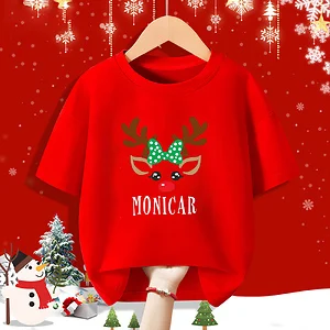Camisa roja de Navidad personalizada para chico, ropa de manga corta con nombre de ciervo para niño, camiseta para hermanos, traje de Navidad a juego, camisetas para niños - imagen 4