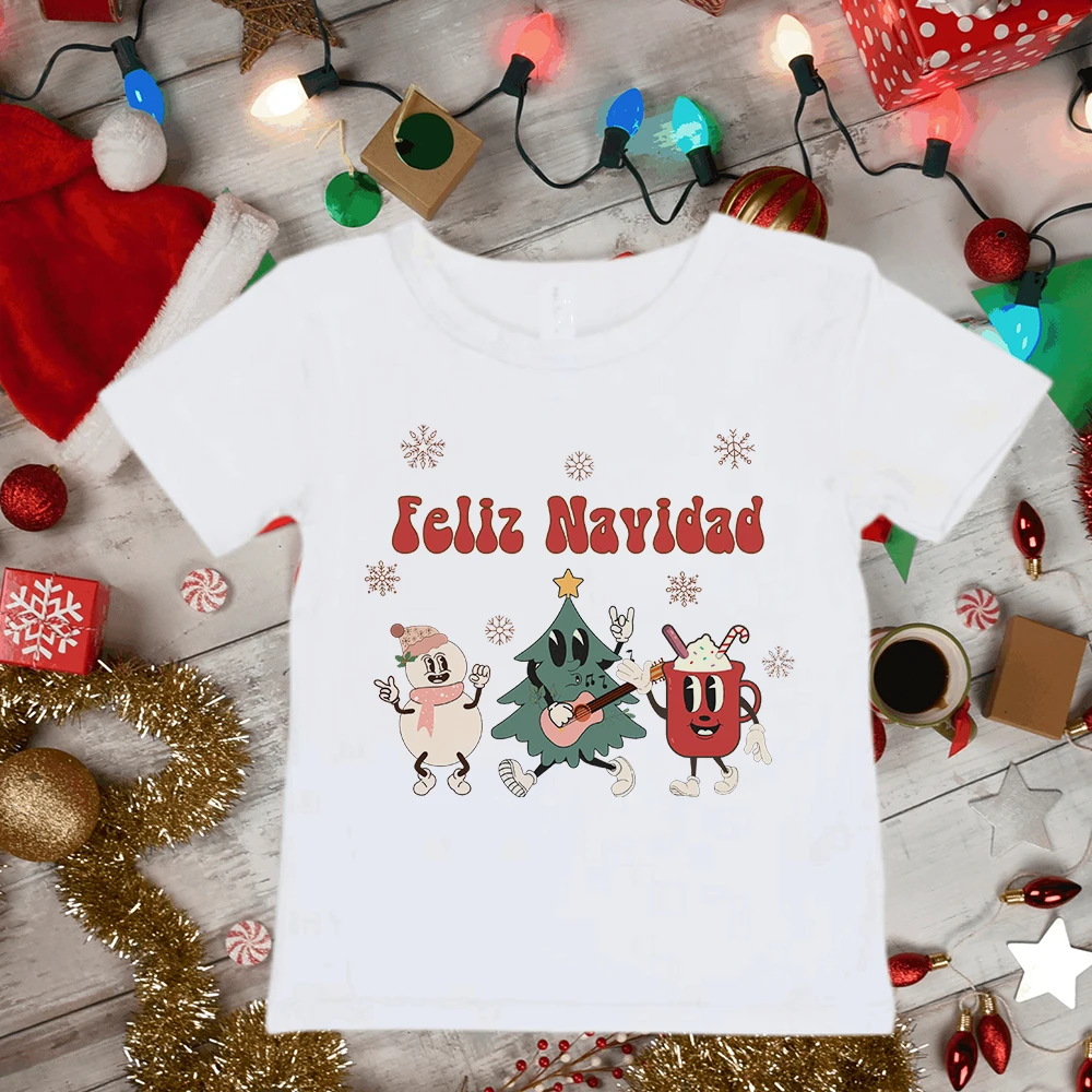 Camiseta con estampado español de Feliz Navidad para niños y niñas, traje de fiesta de Navidad, ropa de vacaciones, Tops, camisetas para niños pequeños
