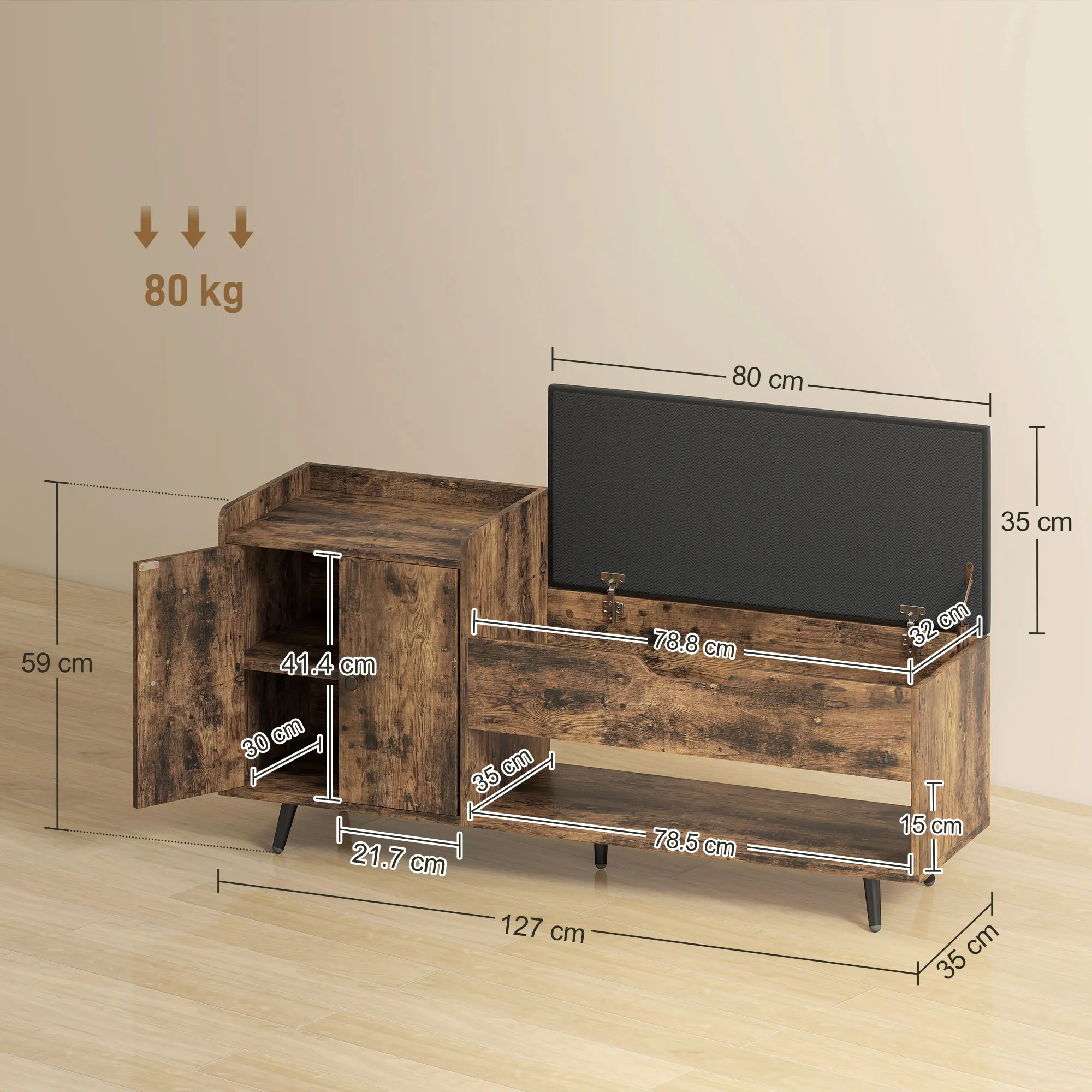 HOMCOM Banco Zapatero, Banco Recibidor Industrial, con Asiento Acolchado, Compartimento Oculto, Estantes, Puertas, Estante Abierto para 3 Pares de Zapatos, para Entrada, 127x35x59 cm, Marrón Rústico - imagen 3