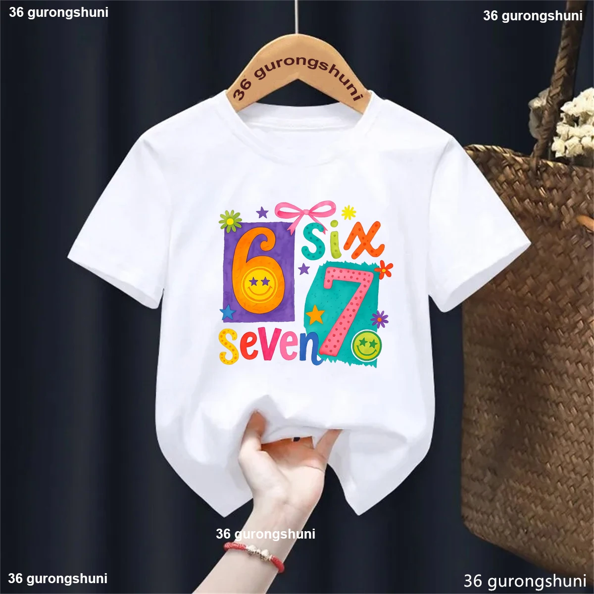 Camiseta con estampado de estrellas y lazo de flores Love Six Seven 67 para niñas, ropa Kawaii para niños, camiseta de manga corta de verano, camisetas lisas - imagen 3