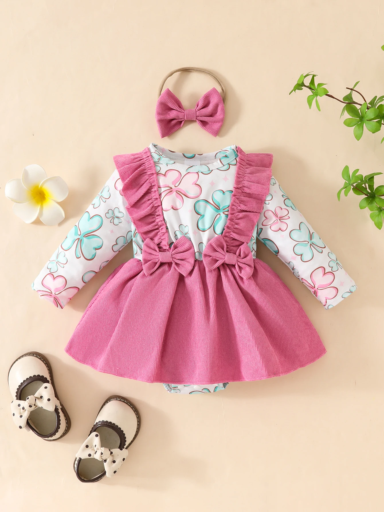 2PCS Infant Girl Dress Set Floral Print Long Sleeves Bodysuit +Headband Spring Baby Dresses for 0-18Months Romper Party Clothing